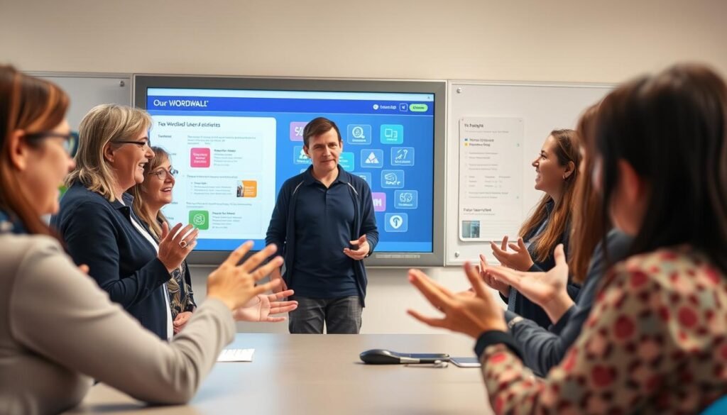A classroom setting with a group of primary school teachers gathered around a large, interactive whiteboard displaying the Wordwall platform. The teachers are engaged in animated discussion, gesturing enthusiastically as they share their experiences and insights on using Wordwall for STEM education. The lighting is warm and inviting, with a soft, natural glow illuminating their faces. The background is slightly blurred, conveying a sense of focus on the teachers' collaborative exchange. The overall atmosphere radiates a feeling of professional enthusiasm and a shared commitment to enhancing student learning through innovative digital tools.