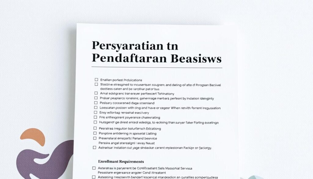 A crisp, clean document with a prominent title "Persyaratan Pendaftaran Beasiswa" in a professional sans-serif font, set against a subtly textured background. In the foreground, a checklist of enrollment requirements, each item neatly formatted and presented in an organized, easy-to-scan layout. The middle ground features abstract shapes and patterns, perhaps inspired by the university's branding, creating a sense of academic gravitas. The overall composition is balanced, with ample negative space to allow the key information to shine. The lighting is soft and even, conveying a professional, authoritative tone. The image should exude a sense of clarity, structure, and attention to detail, reflecting the formality and importance of the scholarship application process.