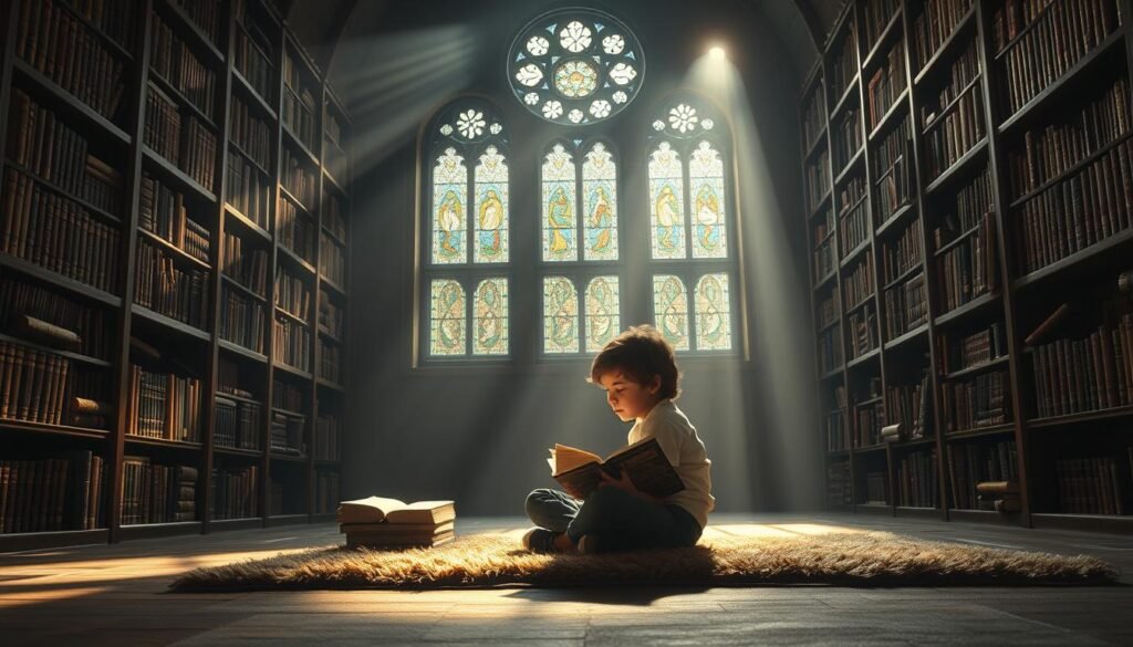 A dimly lit library interior, sunlight filtering through ornate stained glass windows, illuminating shelves of ancient tomes and scrolls. In the foreground, a young person sits cross-legged on a plush rug, deeply immersed in a book, surrounded by a halo of diffused light. The scene evokes a sense of quiet contemplation and intellectual exploration, conveying the essence of "media literacy" - the ability to access, analyze, and critically evaluate information from various media sources. The lighting is warm and inviting, creating an atmosphere of timeless knowledge and personal growth.