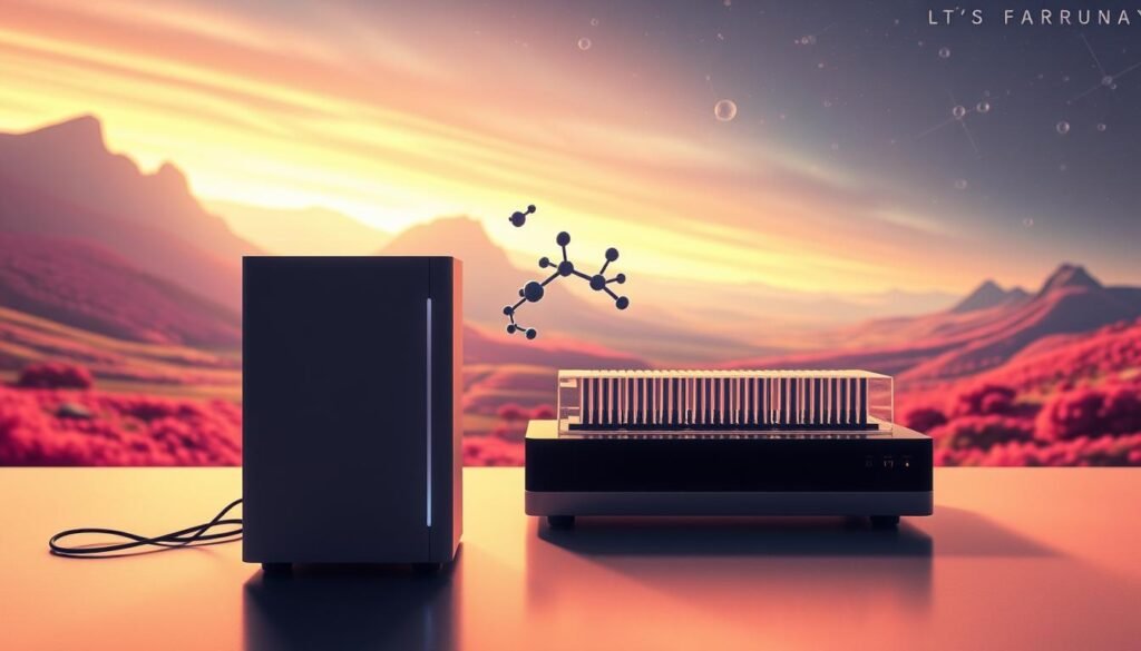 A futuristic electrophoresis apparatus stands prominently in the foreground, its sleek, minimalist design hinting at technological advancements. In the middle ground, molecular structures swirl and intersect, conveying the complex analytical processes at the heart of this technique. The background is a vibrant, otherworldly landscape, suggesting the vast potential and frontiers of molecular biology. Soft, directional lighting casts a warm, almost ethereal glow, creating a sense of wonder and scientific exploration. The overall scene evokes a future where electrophoresis is a refined, intuitive tool, seamlessly integrated into the pursuit of groundbreaking discoveries.