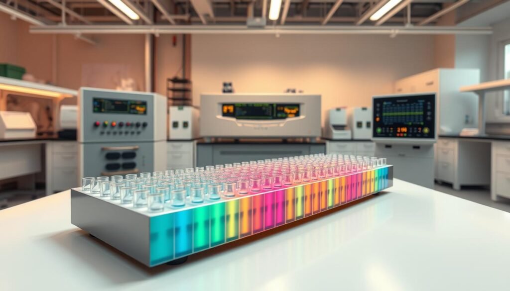 A highly detailed, large-scale illustration of a state-of-the-art electrophoresis system, showcasing its high-resolution capabilities. The foreground depicts the core of the system, with precisely arranged electrodes, sample wells, and a vibrant, multi-colored gel matrix. The middle ground features a sleek, modern control panel with advanced settings and readouts, while the background showcases a clean, minimalist laboratory environment with scientific equipment and carefully organized workspaces. The lighting is warm and focused, highlighting the intricate details and technical precision of the system. The overall atmosphere conveys a sense of scientific innovation, rigor, and the power of molecular analysis through high-resolution electrophoresis.
