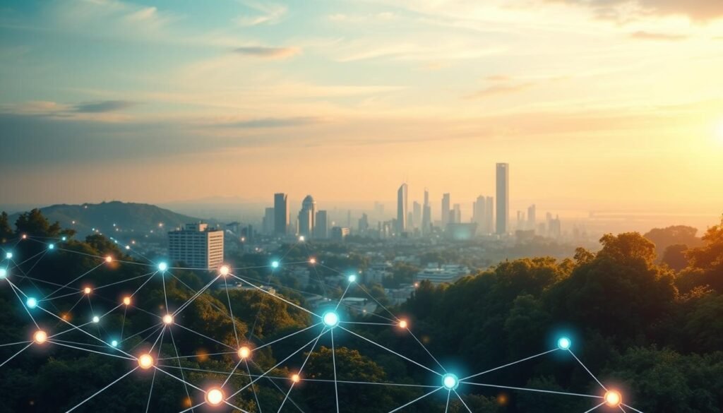 A serene digital landscape showcasing the harmonious integration of technology and civic-minded society. In the foreground, a network of glowing data streams and holographic displays represent the open exchange of information. The middle ground features a stylized cityscape, with modern architecture and lush greenery, symbolizing a thriving, sustainable urban environment. In the background, a tranquil sky bathed in warm, diffused lighting conveys a sense of progress and optimism. The entire scene embodies the ideals of a transparent, technologically-empowered civil society.