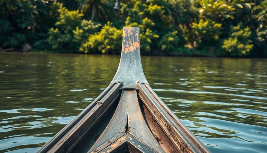 A tranquil scene of the bow of a traditional Indonesian canoe, known as a pacu jalur, resting on the serene waters of a river or lake. The wooden hull is weathered and worn, reflecting its history of journeys through the waterways of the archipelago. Sunlight filters through the lush, verdant foliage on the riverbanks, casting a warm, golden glow on the canoe's elegant curves. The bow rises gracefully, its distinctive shape a testament to the craftsmanship and design of this iconic vessel. The atmosphere is one of quiet contemplation, inviting the viewer to imagine the adventures and stories this canoe has experienced, carrying its passengers through the heart of Indonesia's rich natural and cultural landscapes.