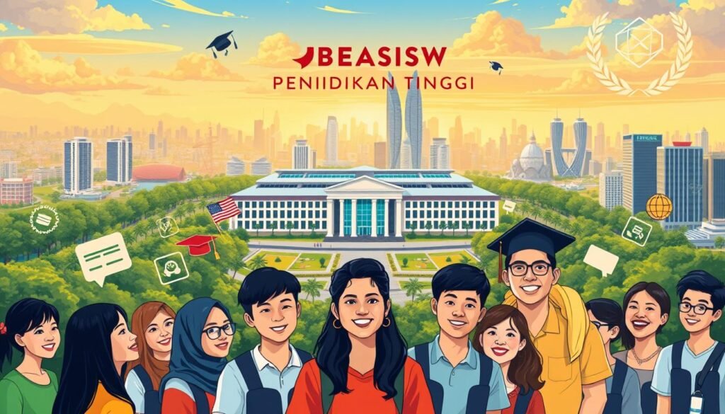 A vibrant and dynamic illustration showcasing the "Program Beasiswa Pendidikan Tinggi". In the foreground, a group of diverse students are gathered, their faces alight with enthusiasm and determination. They are surrounded by stylized icons and symbols representing the various aspects of the scholarship program, such as books, graduation caps, and stylized laurel wreaths. The middle ground features a grand, modern university campus, with sleek architecture and lush, verdant landscaping. In the background, a breathtaking cityscape with towering skyscrapers and a vibrant skyline creates a sense of urban energy and progress. The lighting is warm and inviting, casting a glow over the entire scene, and the overall composition is dynamic and visually engaging, capturing the spirit of educational advancement and opportunity.