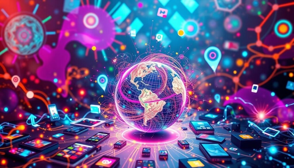 A vibrant, digital landscape showcasing the rapid spread and impact of social media virality. In the foreground, a central globe pulses with a kaleidoscope of colorful, swirling data streams, representing the viral content that captivates global audiences. The middle ground features a diverse array of connected devices, from smartphones to tablets, all abuzz with the rapid sharing and engagement of this digital phenomenon. In the background, a dynamic backdrop of abstract, techno-organic patterns and glowing, neon-like elements conveys the sense of a hyper-connected, ever-evolving digital ecosystem. The scene is illuminated by a warm, diffused lighting that enhances the sense of energy and vitality, capturing the essence of social media's powerful, viral impact.