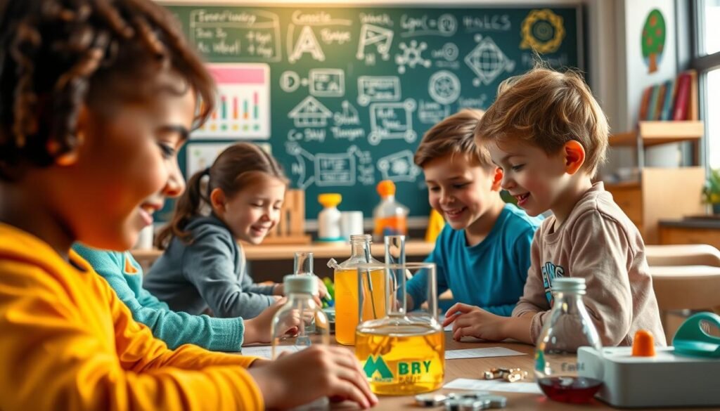 An educational science game set in a vibrant, interactive classroom. In the foreground, children eagerly engage with a hands-on science experiment, their faces filled with curiosity and wonder. The middle ground showcases various educational tools and resources, such as colorful charts, scientific models, and engaging learning materials. In the background, a dynamic chalkboard displays informative diagrams and formulas, creating an atmosphere of intellectual stimulation. The lighting is warm and inviting, casting a soft glow over the scene, reflecting the joyful and enriching nature of this educational experience.