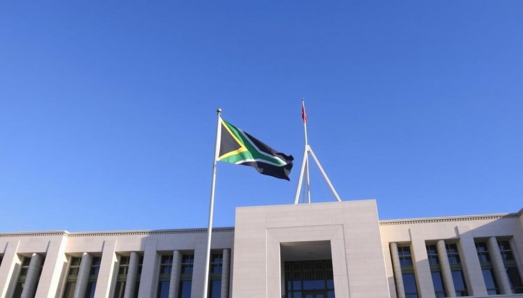Gedung parlemen Afrika Selatan di Cape Town dengan bendera nasional berkibar, simbol demokrasi pasca-Apartheid Gedung parlemen Afrika Selatan di Cape Town dengan bendera nasional berkibar, simbol demokrasi pasca-Apartheid
