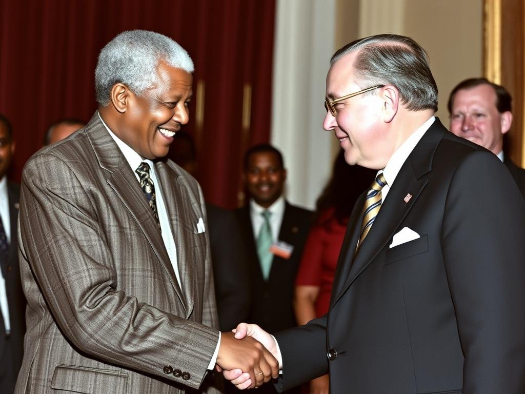 Nelson Mandela dan F.W. de Klerk berjabat tangan setelah negosiasi mengakhiri politik apartheid di Afrika Selatan Nelson Mandela dan F.W. de Klerk berjabat tangan setelah negosiasi mengakhiri politik apartheid di Afrika Selatan