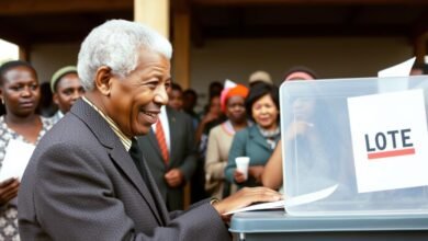 Pemilu demokratis pertama Afrika Selatan pasca-Apartheid tahun 1994 dengan Nelson Mandela memberikan suaranya