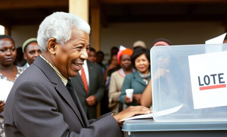 Pemilu demokratis pertama Afrika Selatan pasca-Apartheid tahun 1994 dengan Nelson Mandela memberikan suaranya