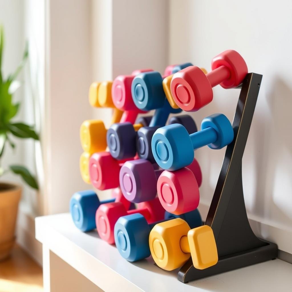 Set dumbbell dengan berbagai ukuran untuk latihan di rumah Set dumbbell dengan berbagai ukuran untuk latihan di rumah