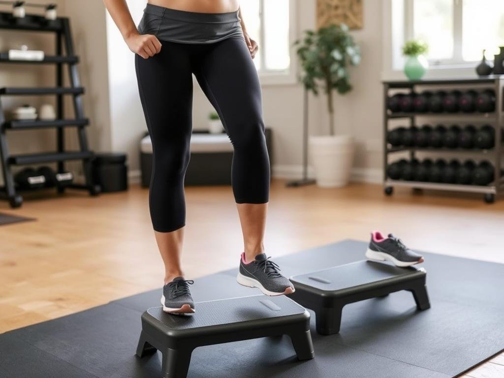 Wanita melakukan gerakan stepping sebagai latihan low-impact cardio Wanita melakukan gerakan stepping sebagai latihan low-impact cardio
