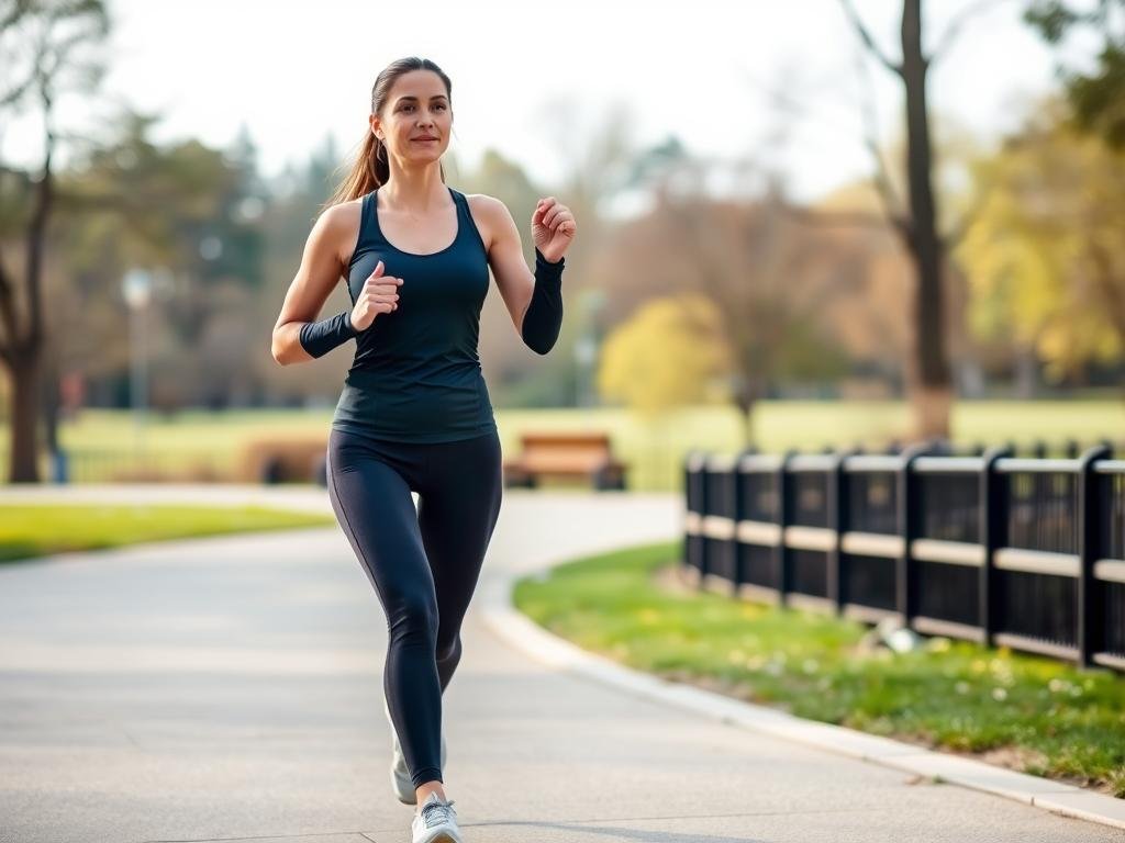 Wanita melakukan jalan cepat sebagai latihan low-impact cardio Wanita melakukan jalan cepat sebagai latihan low-impact cardio