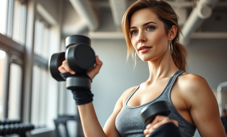 Wanita melakukan kombinasi strength training dan low-impact cardio