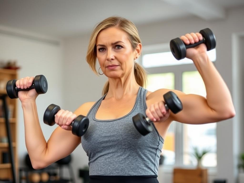 Wanita melakukan latihan strength training dengan dumbbell
