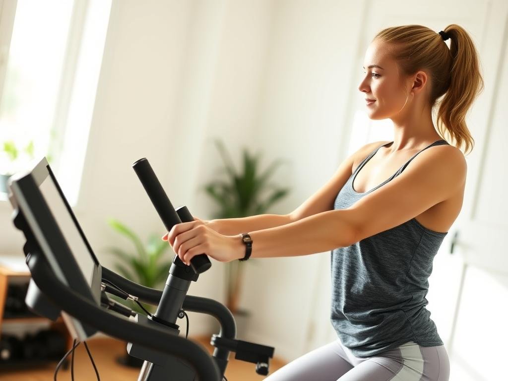 Wanita melakukan low-impact cardio dengan sepeda statis