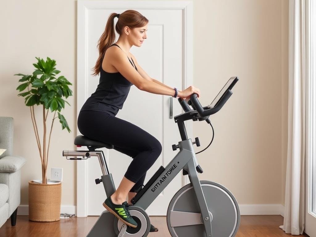 Wanita menggunakan sepeda statis untuk latihan low-impact cardio Wanita menggunakan sepeda statis untuk latihan low-impact cardio