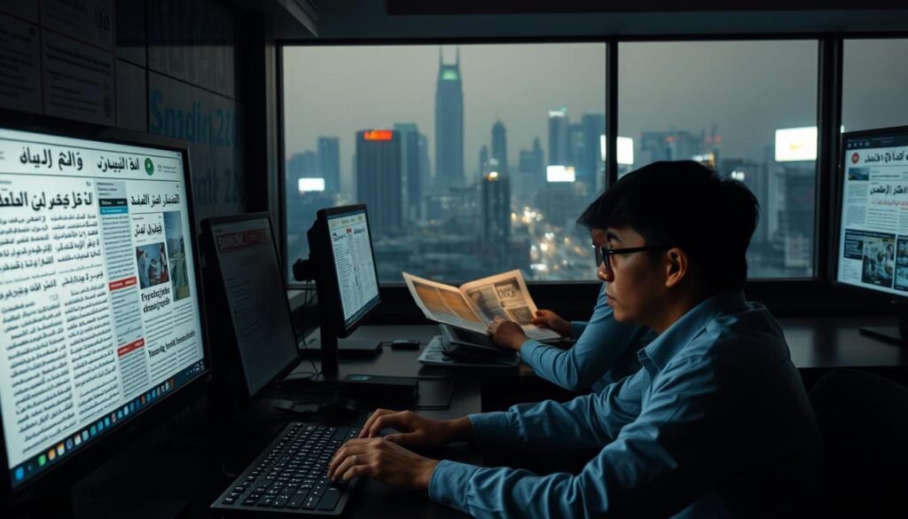 A dimly lit newsroom, the soft glow of computer screens illuminating Arabic script displayed prominently on newspaper pages and digital media interfaces. In the foreground, a reporter intently types, their fingers dancing across the keyboard as they craft a story integrating Arabic-derived words and phrases seamlessly into the Indonesian text. In the middle ground, editors pore over layout designs, carefully arranging Arabic calligraphic elements to complement the Indonesian content. The background is a hazy cityscape, skyscrapers and billboards reflecting the increasing presence of Arabic influence in the nation's media landscape. The scene conveys a sense of cultural exchange, where the integration of Arabic language in Indonesian media symbolizes the evolving nature of the country's linguistic and cultural identity.