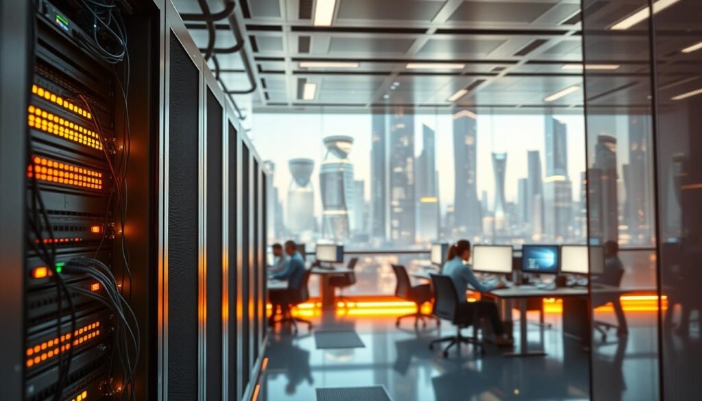 A modern and sleek data center, with a focus on computer hardware and software infrastructure. In the foreground, a network rack with blinking lights and cables, conveying the complexity of information systems. In the middle ground, a team of IT professionals working at desks, using multiple screens and devices. The background features a futuristic cityscape with towering skyscrapers, reflecting the growth and importance of the information technology industry. The scene is illuminated by warm, directional lighting, creating a sense of professionalism and technological advancement. The overall atmosphere is one of a dynamic, rapidly evolving field with ample career opportunities.