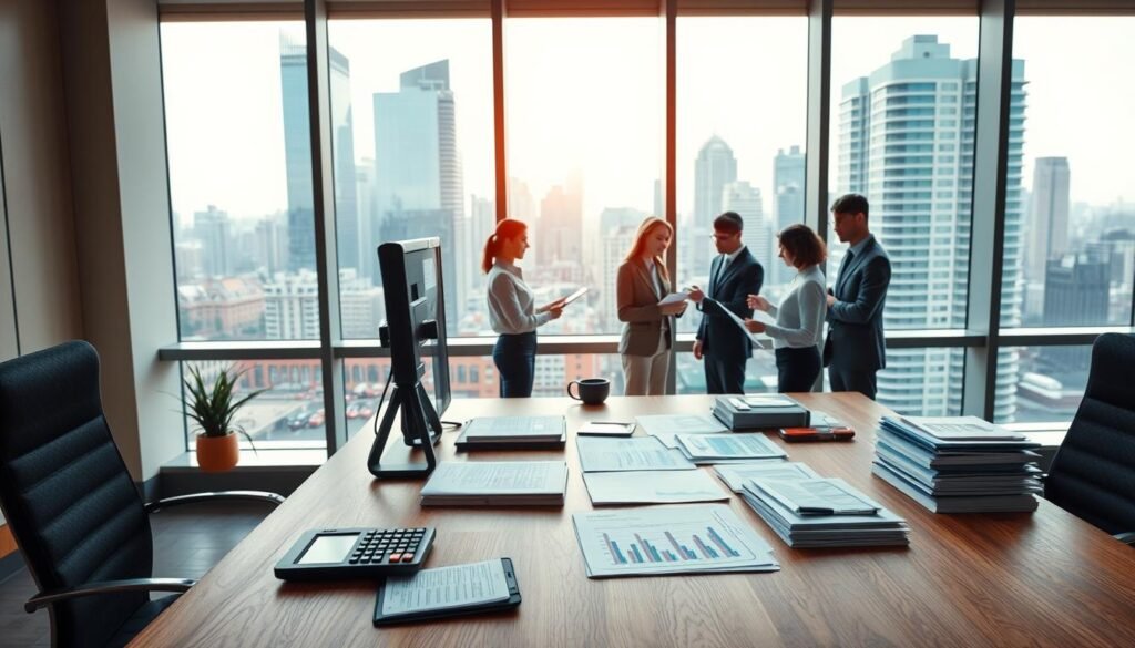 A modern, sleek office interior with a large window overlooking a bustling city skyline. In the foreground, a wooden desk with a desktop computer, calculator, and neatly organized financial documents. Behind it, a team of professionals in formal attire engaged in discussion, collaborating on financial reports and spreadsheets. The lighting is warm and natural, casting a soft glow on the scene. The atmosphere is one of focused productivity and strategic decision-making, reflecting the dynamic nature of the financial industry.