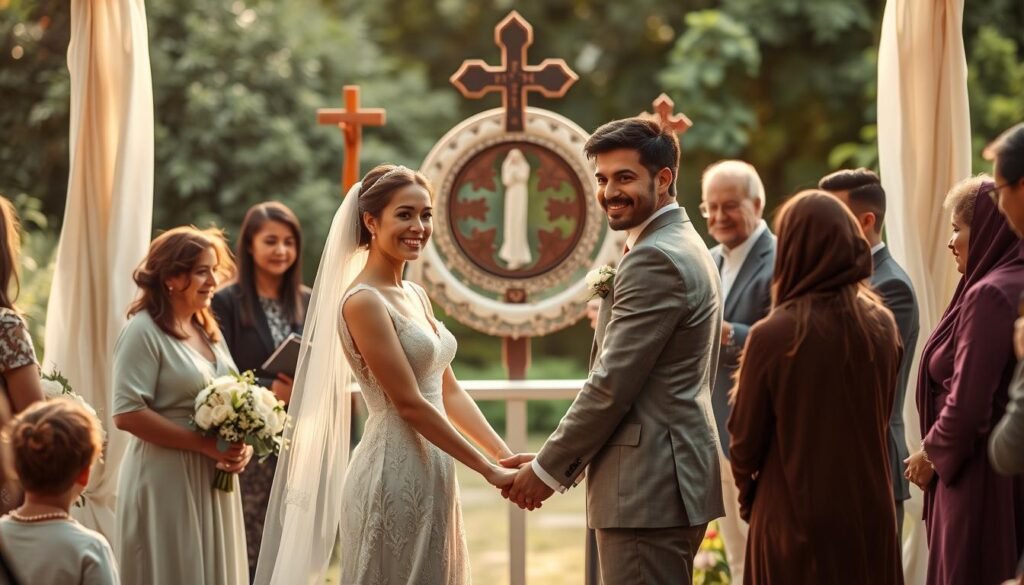 A serene and harmonious scene of a multi-faith wedding ceremony, with a couple standing hand-in-hand before a blend of religious symbols. Soft, warm lighting casts a gentle glow, evoking a sense of unity and understanding. The bride and groom's faces radiate joy and mutual respect, surrounded by family and friends from diverse backgrounds, symbolizing the embracing of differences. In the background, a verdant, peaceful garden setting adds to the tranquil ambiance, underscoring the idea of cultivating tolerance and harmony within a mixed-faith marriage.