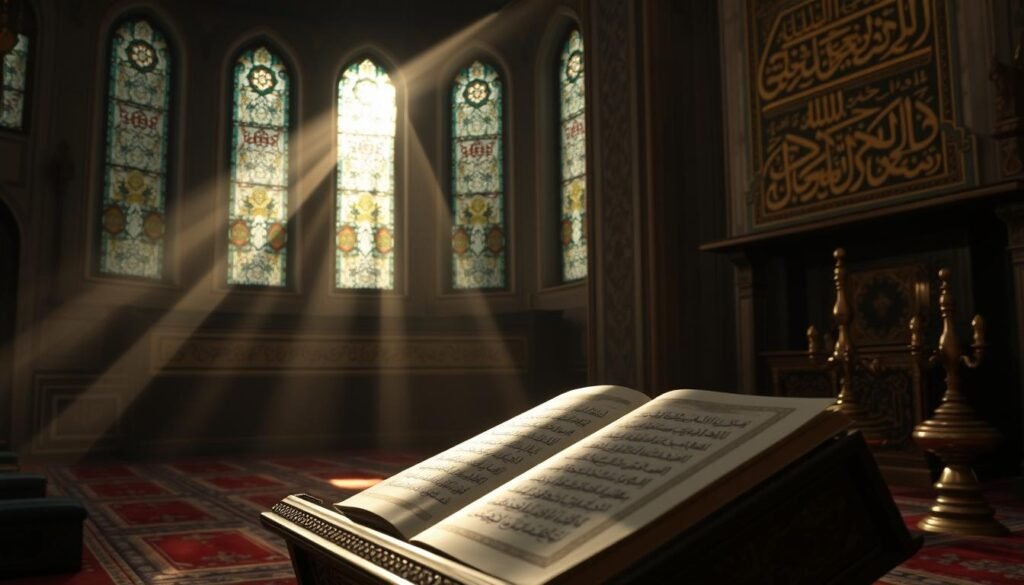 A serene, dimly lit sanctuary with ornate Islamic calligraphy adorning the walls. Sunlight filters through stained glass windows, casting a warm, reverent glow. In the foreground, a holy book rests on an intricately carved lectern, its pages open, revealing the influence of Arabic script on the local language. Subtle details like prayer rugs, bronze lamps, and ornate architectural elements evoke the rich cultural exchange between the Arab world and the local language and traditions.