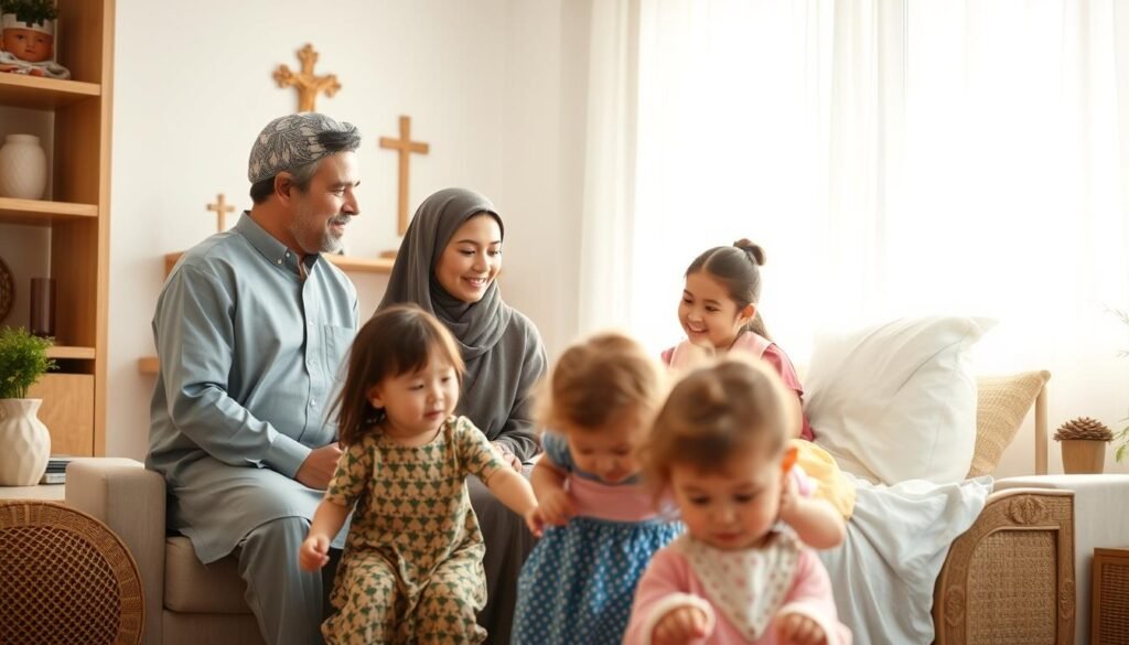A serene family gathering in a cozy home, with a diverse couple and their children of mixed religious backgrounds. Soft, natural lighting filters through the windows, casting a warm glow on the scene. The parents, dressed in traditional attire, engage in a thoughtful discussion, their expressions conveying mutual understanding and respect. The children, playing harmoniously in the foreground, symbolize the harmony and love that transcends religious boundaries. The background features subtle religious symbols, subtly hinting at the family's diverse faith traditions. An atmosphere of acceptance, tolerance, and familial unity permeates the scene.