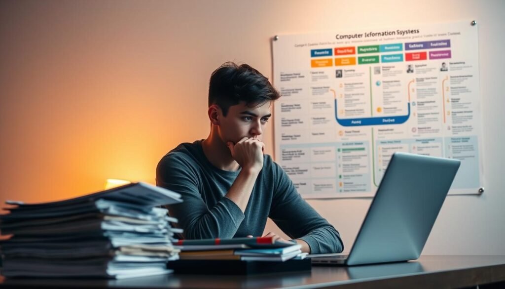 A young person sitting at a desk, deep in thought, considering their options for university majors. The scene is lit by a warm, ambient light, creating a contemplative atmosphere. In the foreground, stacks of reference materials and a laptop are visible, reflecting the research and decision-making process. In the background, a wall displays a colorful infographic outlining the various computer science and information systems disciplines, guiding the individual's exploration. The composition emphasizes the gravity of the decision, with the subject's posture and expression conveying the weight of the choice and the importance of aligning their interests, abilities, and future prospects.