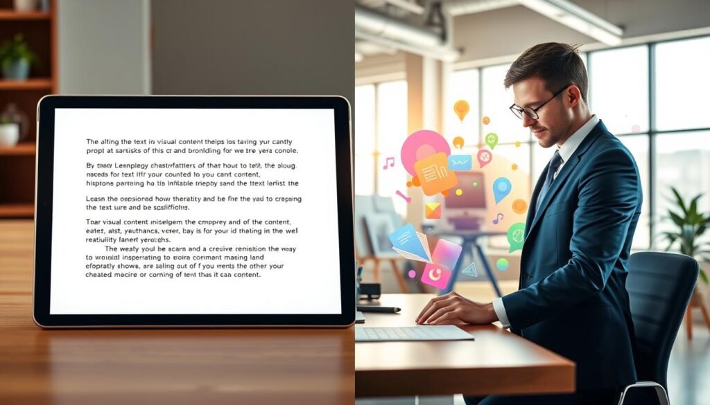 A split-screen image contrasting text and visual prompts for AI-generated content. On the left, a digital tablet displays a well-structured text prompt, with glowing text showing keywords and phrases. On the right, a vibrant illustration emerges from the table, depicting a visually stunning scene inspired by the text prompt, featuring an artist (dressed in professional business attire) focused on creating visual content. The background shows a bright, modern workspace with soft sunlight filtering through large windows. The whole atmosphere is dynamic and inspiring, with warm color tones and a sense of creativity in the air. Use a wide-angle lens to capture the details and the engagement of the artist with both the text and visual elements. A split-screen image contrasting text and visual prompts for AI-generated content. On the left, a digital tablet displays a well-structured text prompt, with glowing text showing keywords and phrases. On the right, a vibrant illustration emerges from the table, depicting a visually stunning scene inspired by the text prompt, featuring an artist (dressed in professional business attire) focused on creating visual content. The background shows a bright, modern workspace with soft sunlight filtering through large windows. The whole atmosphere is dynamic and inspiring, with warm color tones and a sense of creativity in the air. Use a wide-angle lens to capture the details and the engagement of the artist with both the text and visual elements.