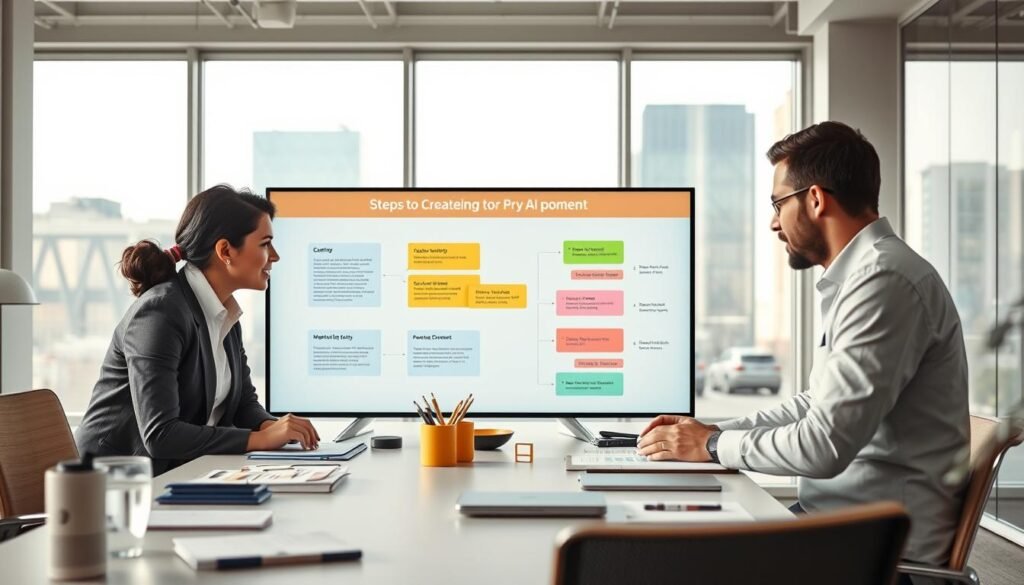 A visually engaging scene depicting steps to create effective prompts for AI-generated content. In the foreground, a diverse group of three professionals, a woman and two men, are brainstorming together at a modern conference table filled with stationery and digital devices. The woman, wearing a smart blazer, gestures confidently, sharing ideas. In the middle, a large touchscreen display shows a step-by-step guide with colorful diagrams and flowcharts illustrating the prompt creation process. The background features a bright, contemporary office with large windows, letting in natural light and showcasing cityscape views. The atmosphere is collaborative and inspiring, accentuated by soft lighting and a clean aesthetic that emphasizes creativity and professionalism. A visually engaging scene depicting steps to create effective prompts for AI-generated content. In the foreground, a diverse group of three professionals, a woman and two men, are brainstorming together at a modern conference table filled with stationery and digital devices. The woman, wearing a smart blazer, gestures confidently, sharing ideas. In the middle, a large touchscreen display shows a step-by-step guide with colorful diagrams and flowcharts illustrating the prompt creation process. The background features a bright, contemporary office with large windows, letting in natural light and showcasing cityscape views. The atmosphere is collaborative and inspiring, accentuated by soft lighting and a clean aesthetic that emphasizes creativity and professionalism.