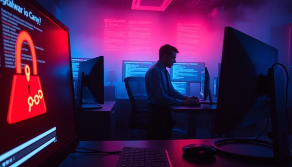 A dramatic cyberpunk scene highlighting a digital representation of the WannaCry ransomware attack from 2017. In the foreground, a computer screen displays a red warning symbol with chains, symbolizing the ransomware attack. The middle ground features a silhouetted figure in professional business attire, anxiously typing on a keyboard, surrounded by multiple screens flashing warnings and code. The background reveals a darkened office environment illuminated by the eerie glow of computer monitors, casting ominous shadows. A soft blue and red color palette emphasizes the tension, while a slight fog adds to the mysterious atmosphere. Focused lighting highlights the screens, enhancing the urgency of the scene. The angle is slightly tilted to create a sense of unease and desperation. A dramatic cyberpunk scene highlighting a digital representation of the WannaCry ransomware attack from 2017. In the foreground, a computer screen displays a red warning symbol with chains, symbolizing the ransomware attack. The middle ground features a silhouetted figure in professional business attire, anxiously typing on a keyboard, surrounded by multiple screens flashing warnings and code. The background reveals a darkened office environment illuminated by the eerie glow of computer monitors, casting ominous shadows. A soft blue and red color palette emphasizes the tension, while a slight fog adds to the mysterious atmosphere. Focused lighting highlights the screens, enhancing the urgency of the scene. The angle is slightly tilted to create a sense of unease and desperation.