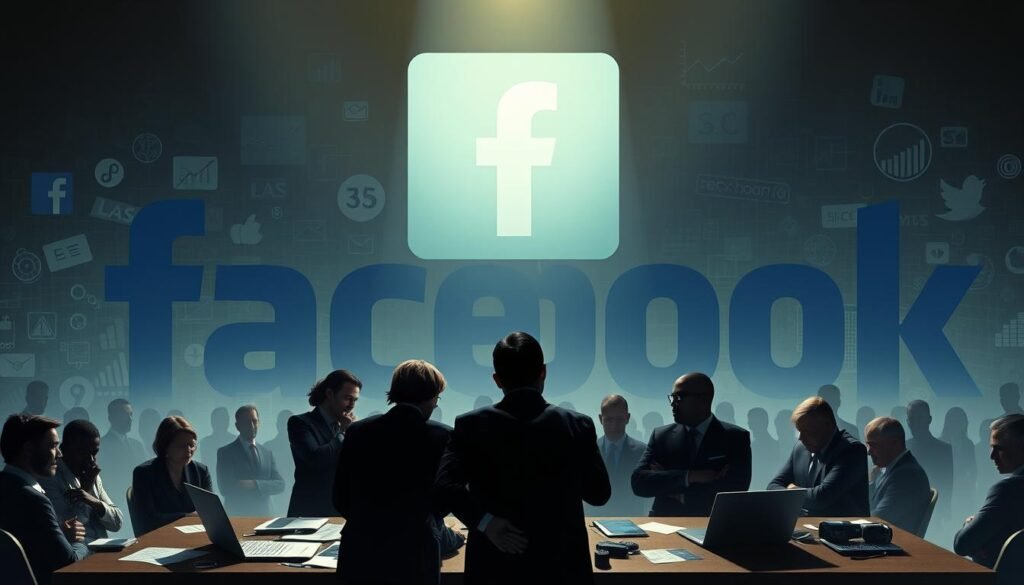 A dramatic digital art piece illustrating the Facebook-Cambridge Analytica scandal. In the foreground, a group of diverse professionals in business attire engage in intense discussions around a table littered with data sheets and laptops. The middle ground features shadowy figures representing corporate manipulation, their faces obscured, symbolizing secrecy and intrigue. In the background, a stylized, imposing Facebook logo looms large, contrasted by a chaotic digital landscape with various social media icons and graphs showcasing data analytics. The lighting is dim and moody, casting shadows that add an air of suspense. The atmosphere conveys tension and the weight of ethical violations in the tech industry, capturing the essence of a significant corporate scandal. A dramatic digital art piece illustrating the Facebook-Cambridge Analytica scandal. In the foreground, a group of diverse professionals in business attire engage in intense discussions around a table littered with data sheets and laptops. The middle ground features shadowy figures representing corporate manipulation, their faces obscured, symbolizing secrecy and intrigue. In the background, a stylized, imposing Facebook logo looms large, contrasted by a chaotic digital landscape with various social media icons and graphs showcasing data analytics. The lighting is dim and moody, casting shadows that add an air of suspense. The atmosphere conveys tension and the weight of ethical violations in the tech industry, capturing the essence of a significant corporate scandal.