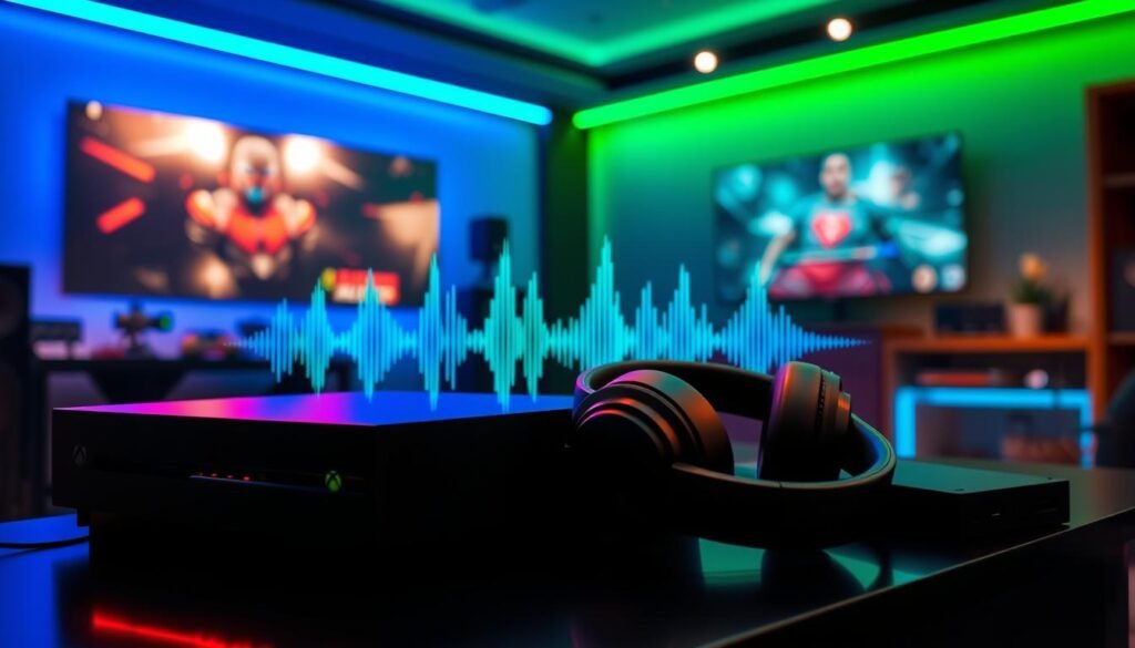 A futuristic, high-tech audio setup featuring a gaming console, headphones, and soundwave graphics in vibrant colors. In the foreground, a sleek Xbox Series X console with glowing LED indicators, surrounded by premium over-ear headphones resting on a console table. In the middle, dynamic sound waves visually represented in blue and green hues, echoing the power of audio enhancements in gaming experiences. In the background, a dimly lit gaming room with ambient LED lighting and a large screen displaying vibrant game visuals. The atmosphere is immersive and energetic, suggesting a premium gaming experience. Soft focus on the edges creates depth, highlighting the central audio theme, while maintaining a sleek, modern aesthetic. A futuristic, high-tech audio setup featuring a gaming console, headphones, and soundwave graphics in vibrant colors. In the foreground, a sleek Xbox Series X console with glowing LED indicators, surrounded by premium over-ear headphones resting on a console table. In the middle, dynamic sound waves visually represented in blue and green hues, echoing the power of audio enhancements in gaming experiences. In the background, a dimly lit gaming room with ambient LED lighting and a large screen displaying vibrant game visuals. The atmosphere is immersive and energetic, suggesting a premium gaming experience. Soft focus on the edges creates depth, highlighting the central audio theme, while maintaining a sleek, modern aesthetic.