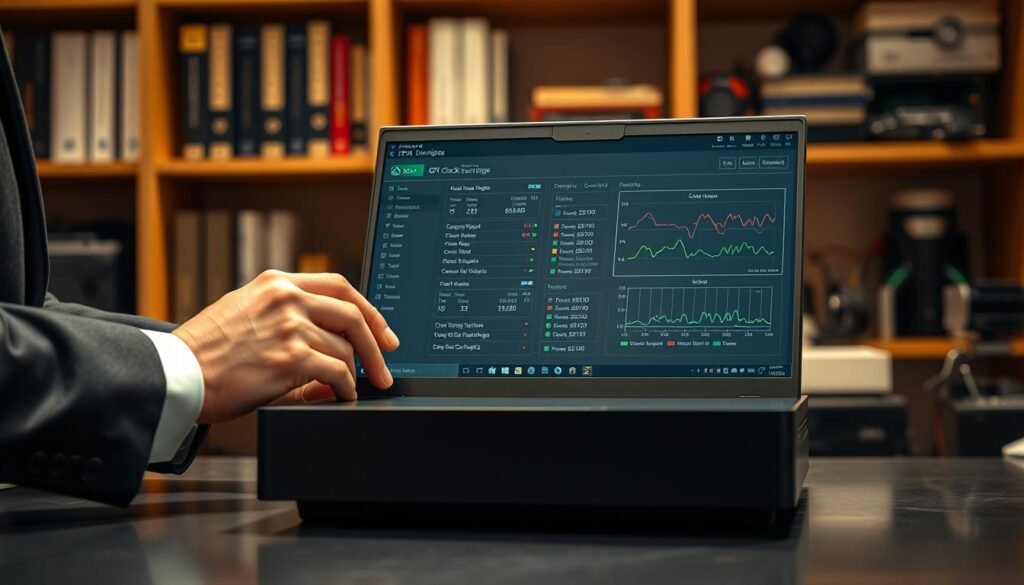 A high-tech workspace featuring a detailed open laptop displaying complex GPU clock settings and graphs, with an Xbox Series X positioned prominently in the foreground. A pair of hands, clad in professional business attire, are adjusting the laptop, showcasing the intricate process of GPU clock overriding. The background includes softly blurred shelves of tech books and tools, enhancing the atmosphere of a futuristic laboratory. Soft, warm lighting highlights the shiny surface of the Xbox and the laptop's screen, creating a motivational and focused ambiance. The angle captures the workspace from a slightly elevated perspective, emphasizing the technical nature of the task being undertaken while ensuring a clean and professional look. A high-tech workspace featuring a detailed open laptop displaying complex GPU clock settings and graphs, with an Xbox Series X positioned prominently in the foreground. A pair of hands, clad in professional business attire, are adjusting the laptop, showcasing the intricate process of GPU clock overriding. The background includes softly blurred shelves of tech books and tools, enhancing the atmosphere of a futuristic laboratory. Soft, warm lighting highlights the shiny surface of the Xbox and the laptop's screen, creating a motivational and focused ambiance. The angle captures the workspace from a slightly elevated perspective, emphasizing the technical nature of the task being undertaken while ensuring a clean and professional look.