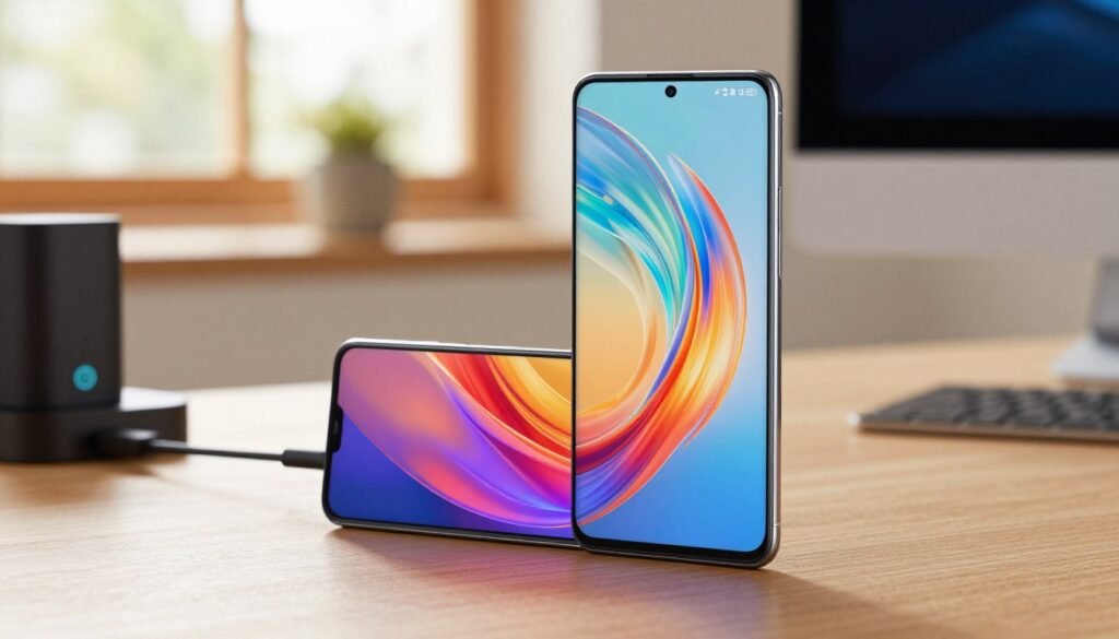 A sleek and modern Huawei smartphone with a robust battery design prominently displayed in the foreground, showcasing its premium build and elegant curves. The device features a vibrant, high-resolution screen that displays a vivid wallpaper, symbolizing performance and longevity. Surrounding the smartphone, subtle hints of technology—like a charging station and power indicators—create a tech-savvy atmosphere. In the middle ground, blurred elements of a stylish desk setup, including minimalist accessories, amplify the smartphone's appeal. The background sets a warm and inviting workspace with soft, natural lighting filtering through a window, enhancing the mood of reliability and innovation. Focus on capturing the smartphone from a slight angle to highlight its sleek profile and features.