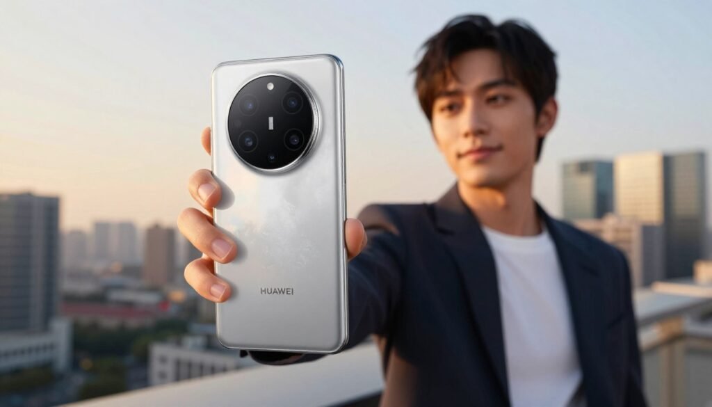 A sleek, modern Huawei flagship smartphone showcasing an advanced front camera, prominently displayed at the forefront of the image. The phone features a sophisticated design with a glass back and slim bezels, reflecting light in a way that highlights its premium build quality. In the middle ground, a stylish, professional individual is capturing a selfie with the device, dressed in smart casual attire. The background features a blurred cityscape, conveying a vibrant urban atmosphere, with soft, warm lighting resembling a sunset. The overall mood is contemporary and aspirational, emphasizing innovation and the cutting-edge technology of Huawei’s flagship devices. Capture this image at a slight angle to emphasize the unique camera features without any text or watermarks.